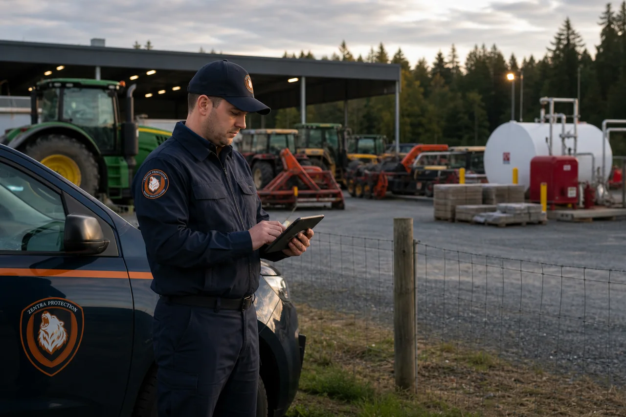 Security service imagery showing checks near farm machinery and an equipment yard