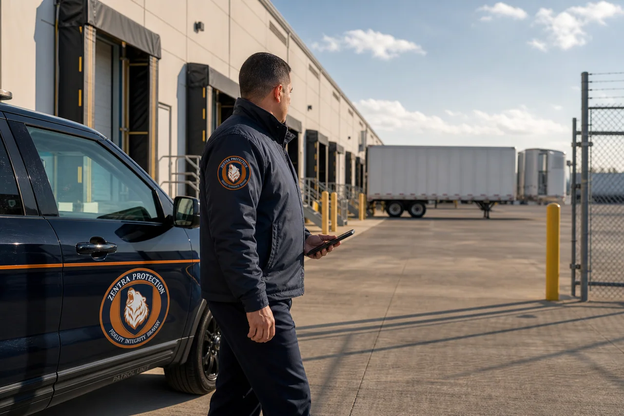 Security patrol checking a warehouse loading-dock area