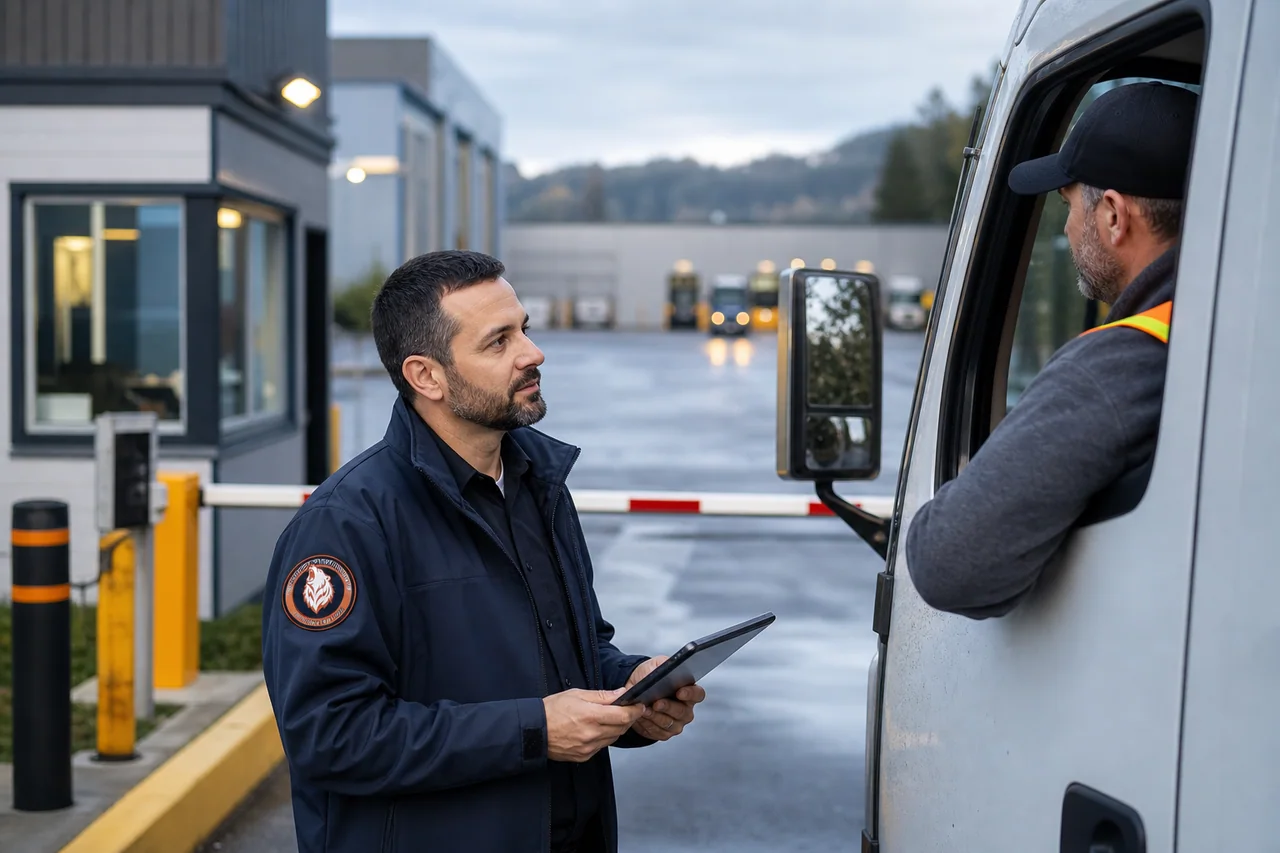 Security guard checking access at a warehouse gatehouse